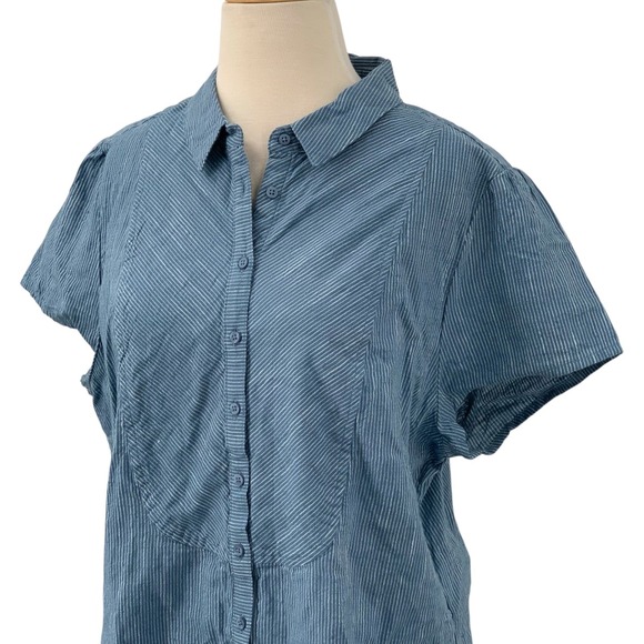 PrAna Katya Button Down Short Sleeve Organic Cotton‎ Blouse Blue/White Stripe XL - Picture 6 of 9